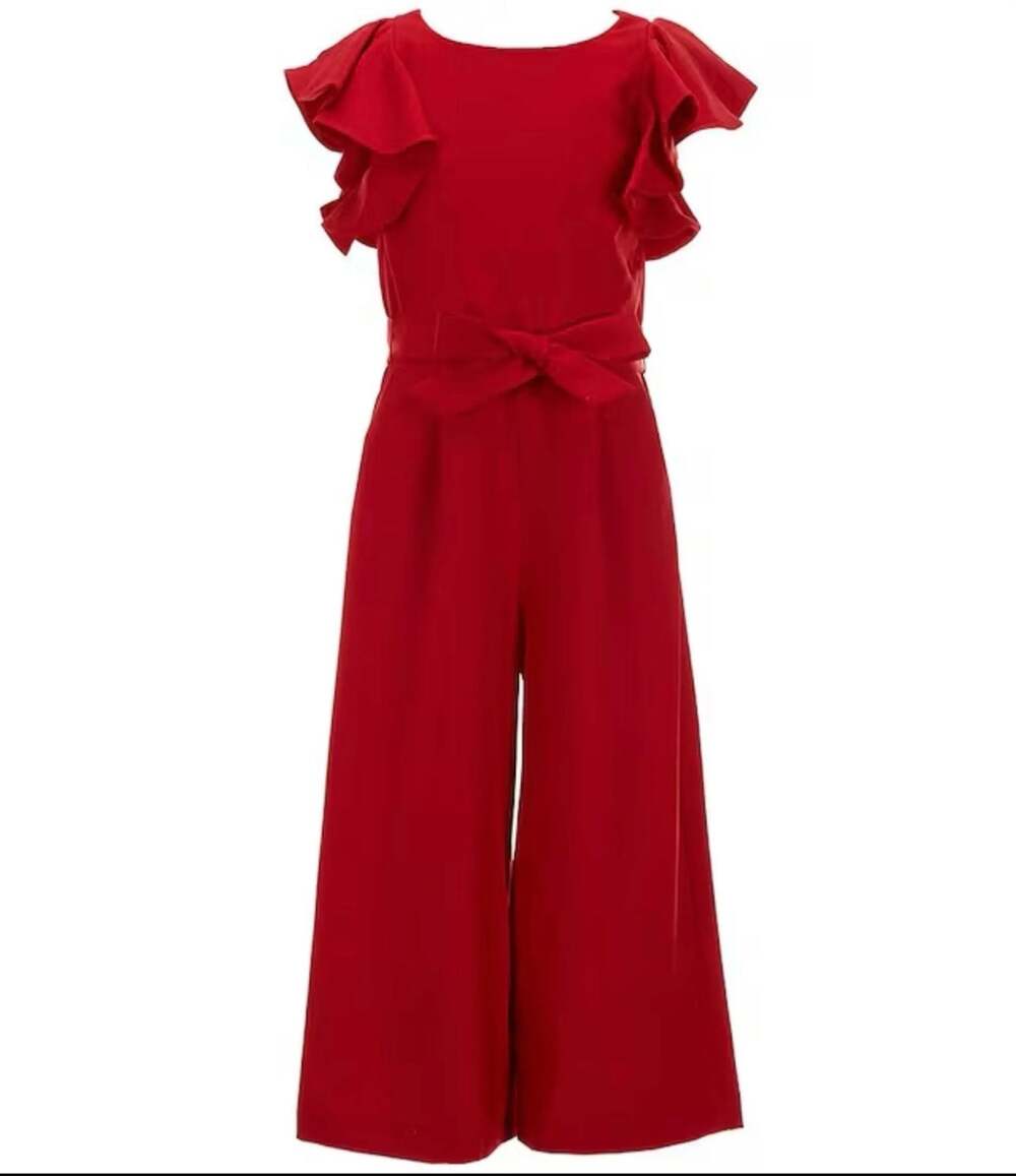 GB Girls Red Flutter Sleeve Wide Leg Jumpsuit with Waist Tie